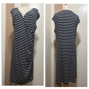 Ann Taylor Navy & White Striped Faux-Wrap Midi Dress